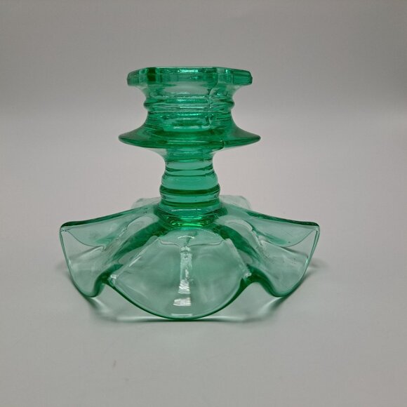 Vintage Green Vaseline Depression Uranium Glass Candlestick Holder - Picture 7 of 9
